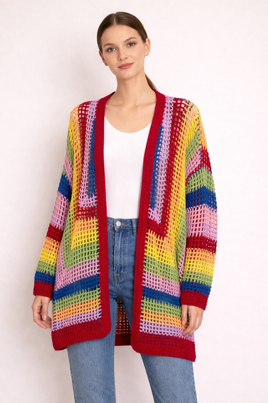 FARM Rio Rainbow Crochet Cardigan Size M Loose Knit Oversized - Picture 1 of 8